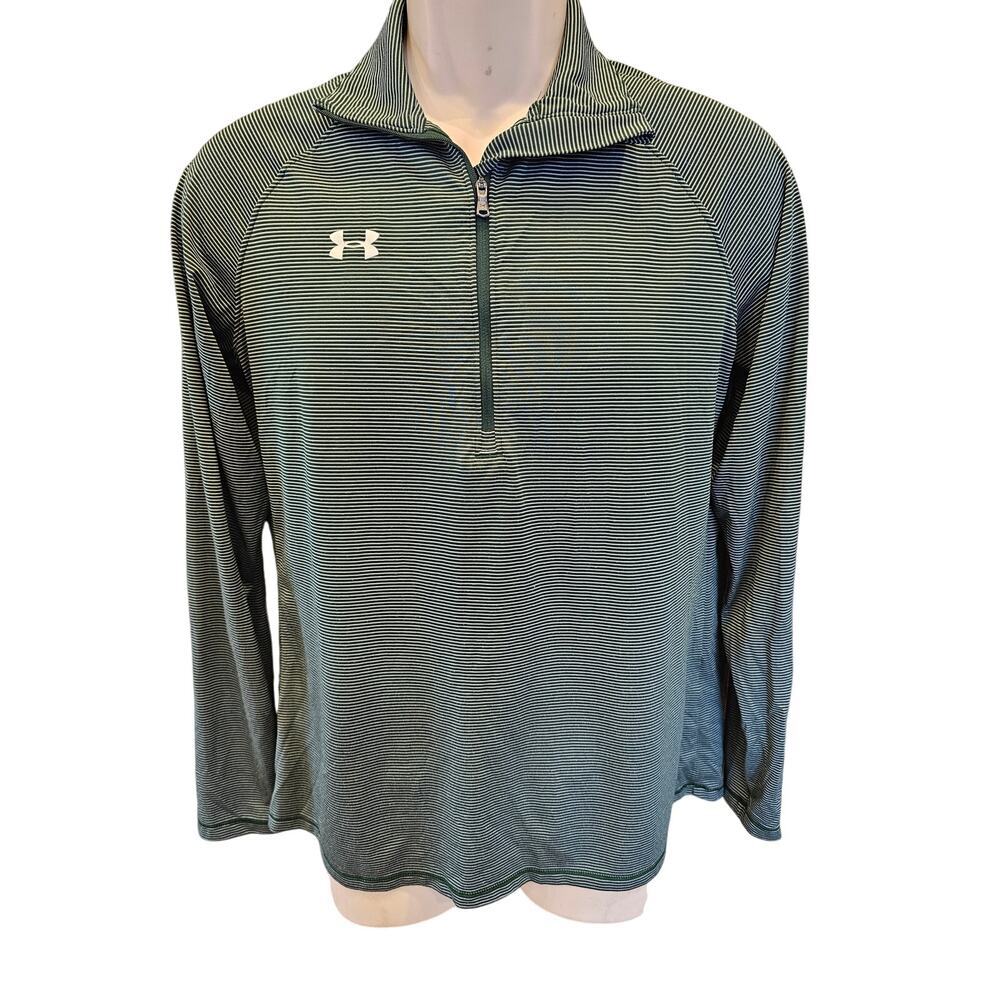 Under armour mens M 1/4 zip long sleeve performance top green black striped ^